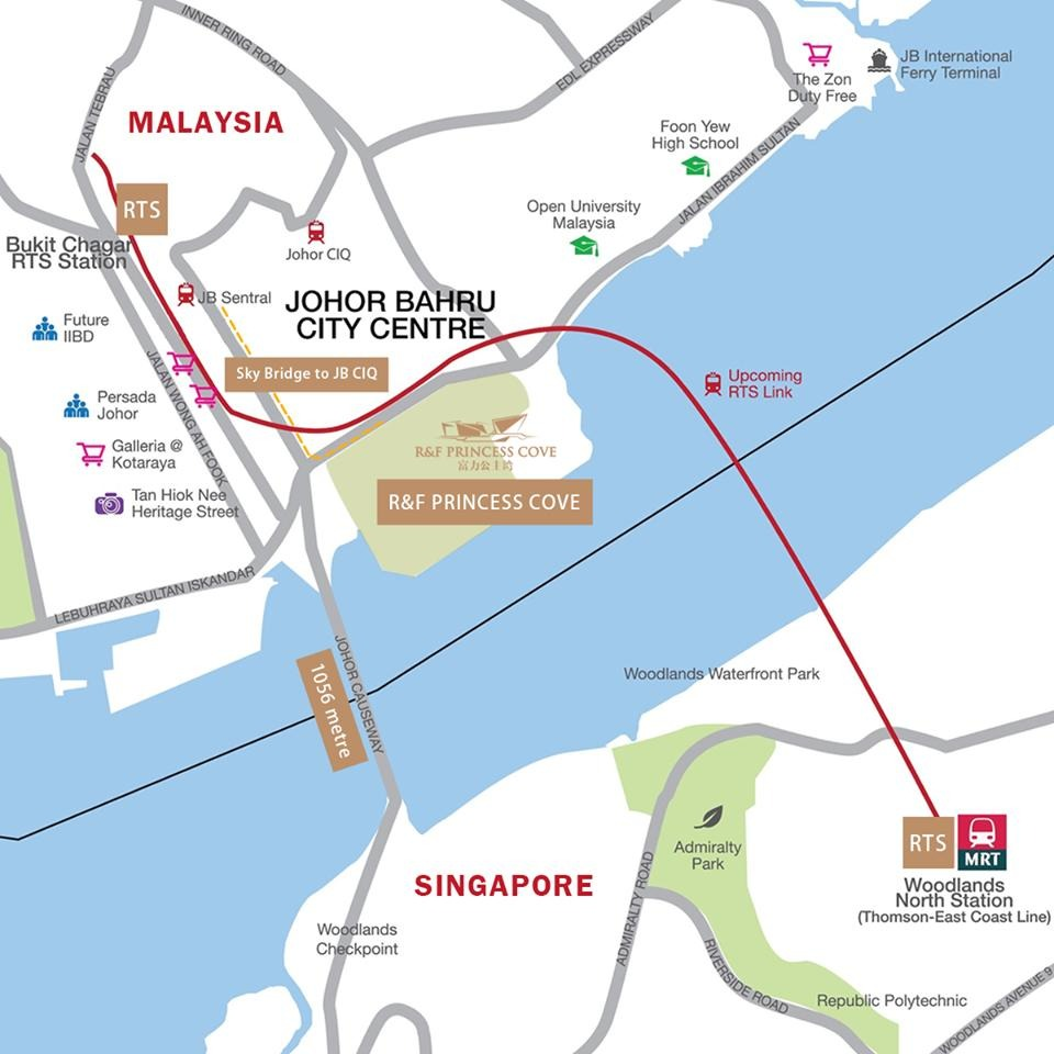 Original illustrated location overview showing R&F Princess Cove, JB CIQ, JB Sentral, Bukit Chagar RTS and Woodlands North